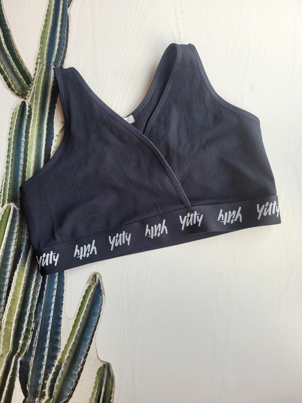 YITTY Black Crossover Sports Bra with Branded Band